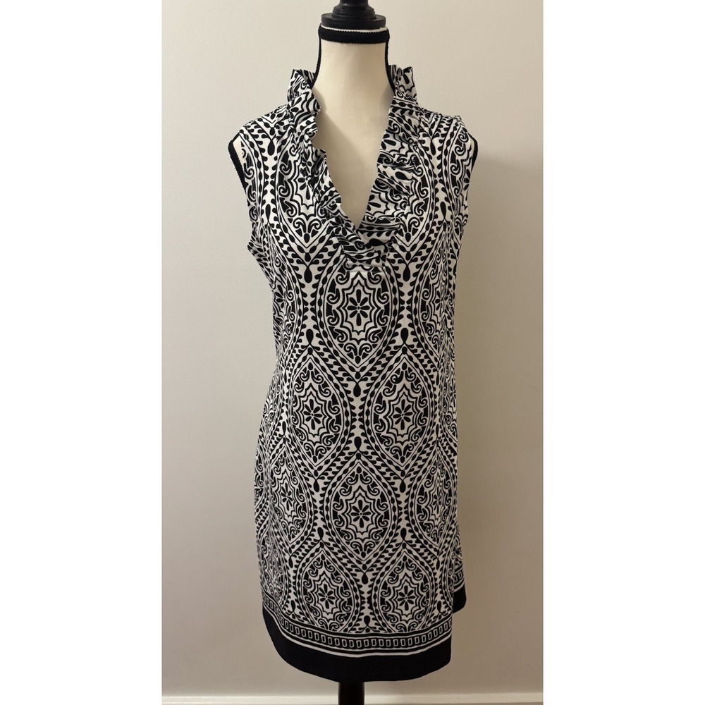 Barbara Erickson Black White Medallion Print Ruffle Neck Sleeveless Dress